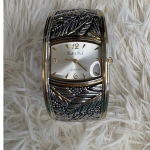 Peck & Peck Two Tone Silver Gold Leaf Design Cuff Bangle Watch Quartz Battery‎